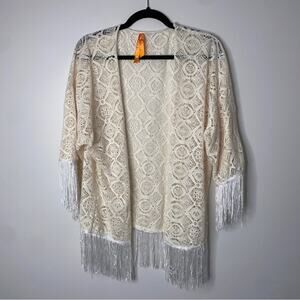 Coastal Cowgirl Bohemian Cream Lace Fringe Sleeves Open Cardigan Kimono Shrug M